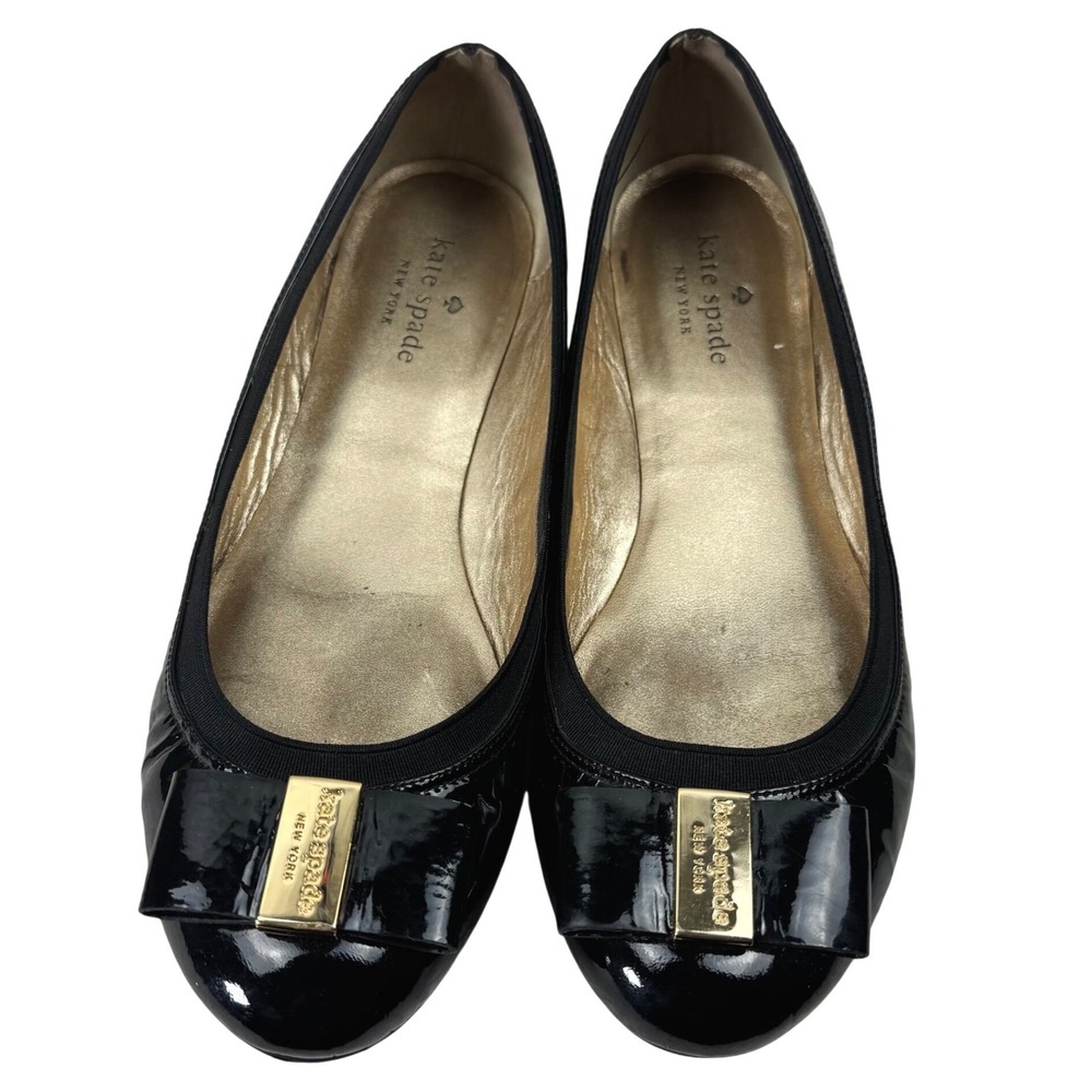Kate Spade Ballet Flats Womens 8.5M Black Patent Leather Bow Gold Logo Designer - Picture 8 of 15